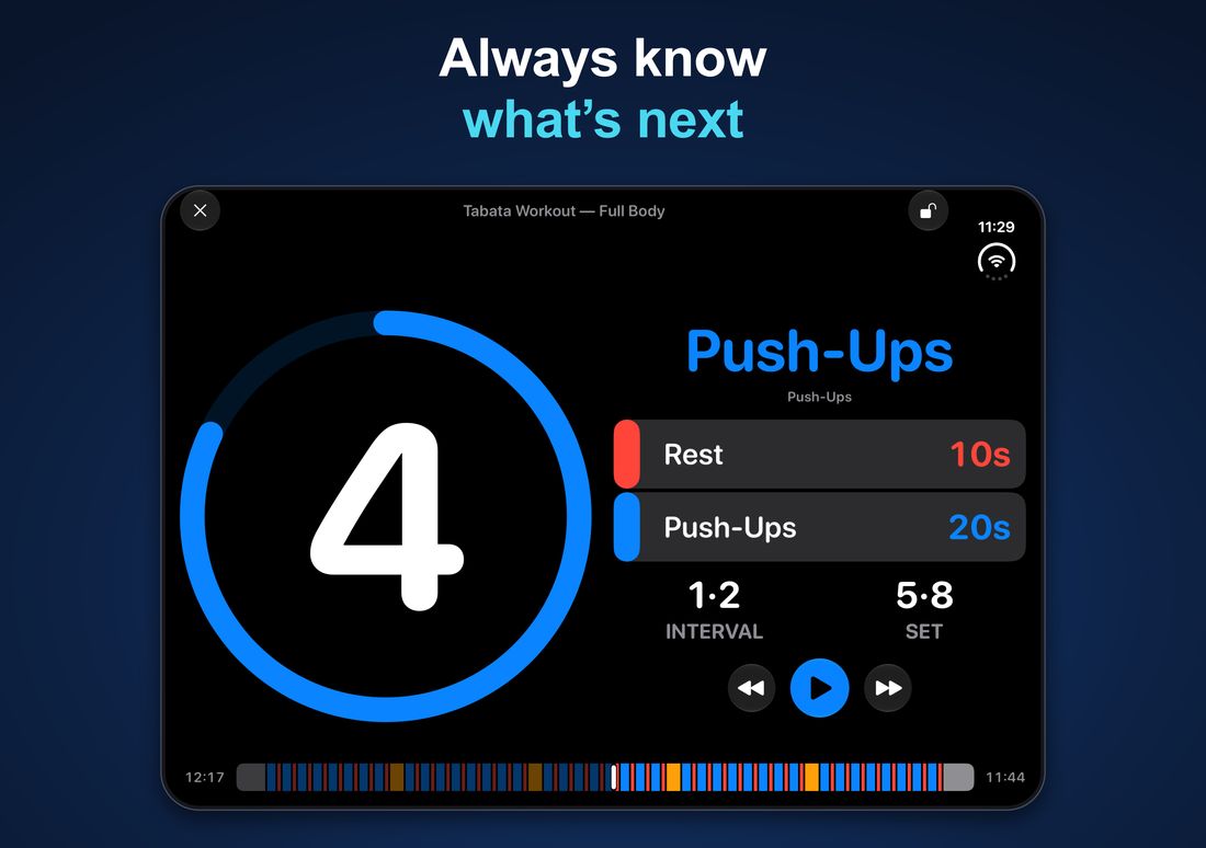 Always know what's next: iPhone Duo — active timer with a large countdown, upcoming intervals, and progress