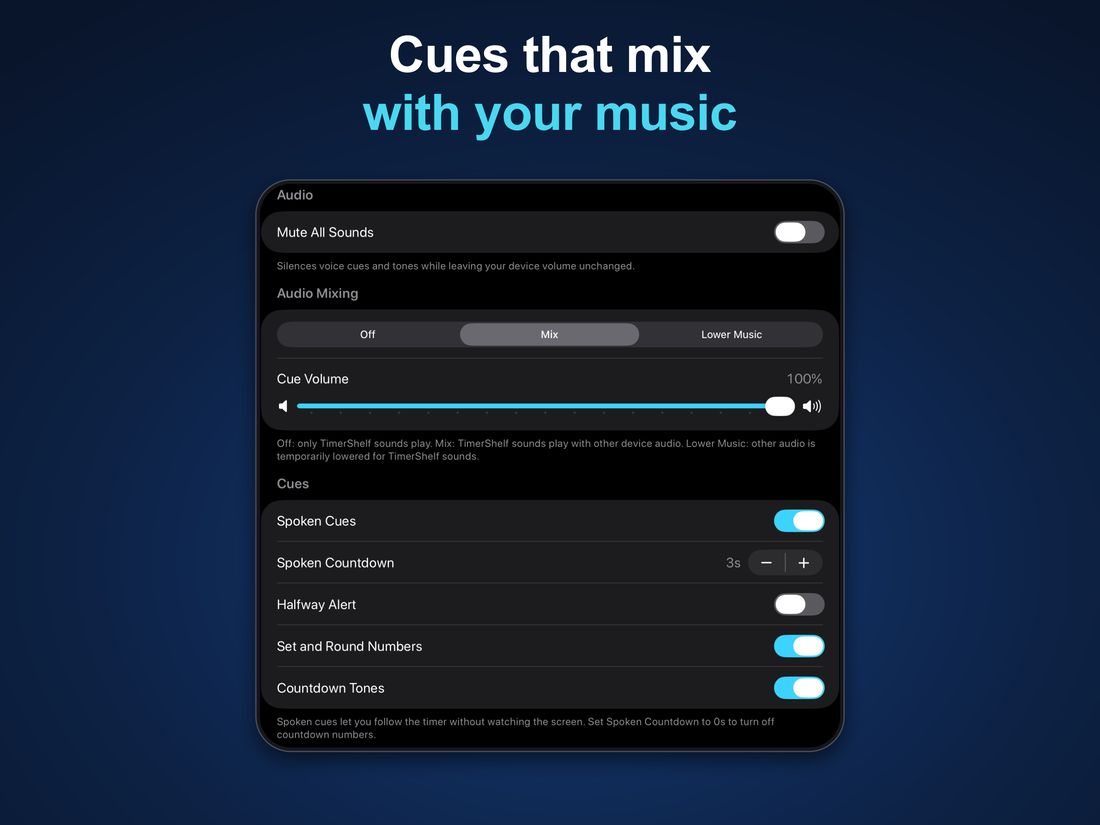 Cues that mix with your music: iPad — spoken cues, countdowns, and audio mixing settings